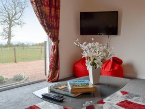 a living room with a table with a vase of flowers at Lady Jane Cottage in Fettercairn