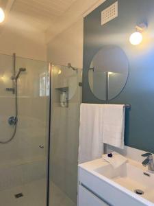 y baño con ducha, lavabo y espejo. en Gorgeous, private cottage in prestigious Newlands., en Ciudad del Cabo