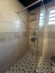 a bathroom with a shower with a glass door at aux 4 saisons maison l'opaline in Le Tampon