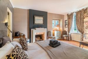 a bedroom with a bed and a fireplace at La Chapelle aux Acacias in Caucalières