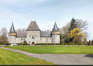 un grand château avec une pelouse devant lui dans l'établissement La Petite Maison, à Bienne-lez-Happart