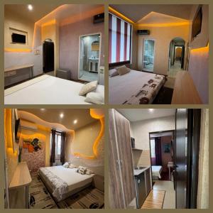 un collage di quattro foto di una camera d'albergo di Семеен Хотел Русалка a Svishtov