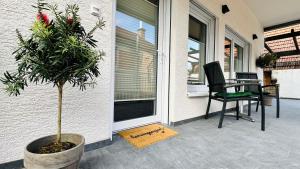un porche con maceta, mesa y silla en Heimatliebe Erfweiler Wohnung ZWÄ, en Erfweiler