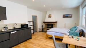 a kitchen and living room with a bed and a fireplace at Heimatliebe Erfweiler Wohnung ZWÄ in Erfweiler