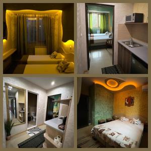 a collage of four pictures of a hotel room at Семеен Хотел Русалка in Svishtov