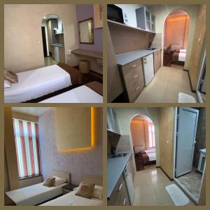 eine Collage mit vier Bildern eines Hotelzimmers in der Unterkunft Семеен Хотел Русалка in Svishtov