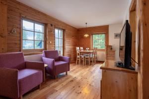 a living room with chairs and a tv and a table at Apartments Brina in Bohinj