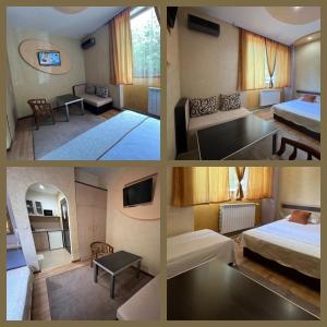 un collage di quattro foto di una camera d'albergo di Семеен Хотел Русалка a Svishtov