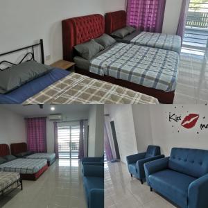 two pictures of a bedroom with a bed and a couch at cs homestay in Kuantan