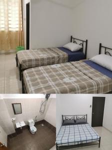 two pictures of two beds in a room at cs homestay in Kuantan