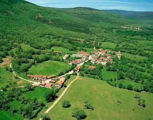 Aldehuela del Rincón的住宿－La Cantarilla 258，绿色田野中村庄的空中景观