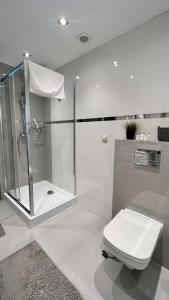 La salle de bains blanche est pourvue d'une douche et de toilettes. dans l'établissement Apartament Presto 17 by Housine, à Zator