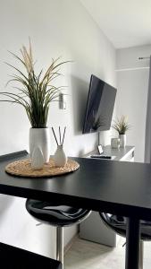 un bureau noir avec des plantes en tête dans l'établissement Apartament Presto 17 by Housine, à Zator