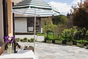 eine Terrasse mit gestreiftem Sonnenschirm im Hof in der Unterkunft Casa Celestino in Trarego Viggiona