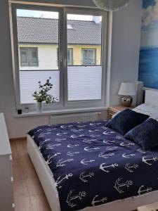 1 dormitorio con cama y ventana grande en Dom nad morzem, basen, plaża, siłownia, plac zabaw, kort tenisowy, en Ustronie Morskie