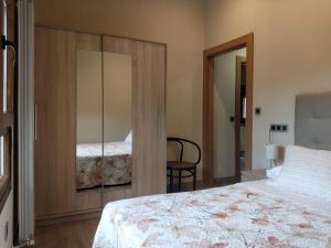 1 dormitorio con cama y armario con espejo en Ribera del Sella II, en Cangas de Onís