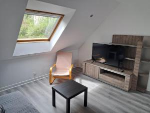 salon z krzesłem i telewizorem w obiekcie Appartements Lannion proche centre, Côtes de Granit Rose w mieście Lannion