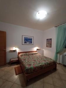 1 dormitorio con 1 cama y cortina verde en La casa sul lago, en  Monvalle 
