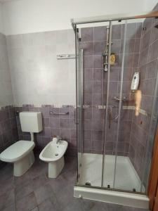 a bathroom with a shower and a toilet and a sink at La casa sul lago in  Monvalle 