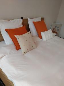 2 camas con almohadas de color naranja y blanco en 'Nulle Part Ailleurs' en Dinant