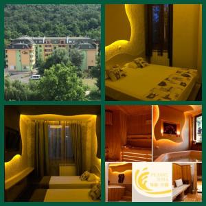 eine Collage mit vier Bildern eines Hotelzimmers in der Unterkunft Семеен Хотел Русалка in Svishtov