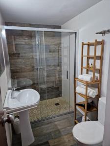 a bathroom with a shower and a sink and a toilet at Apartamentos Wundermar in Torredembarra