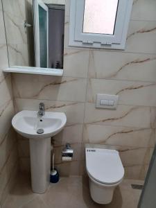 a bathroom with a sink and a toilet and a mirror at Ionian View Guest House in Qeparo