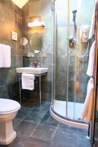 ein Bad mit einer Dusche, einem WC und einem Waschbecken in der Unterkunft The Tallet - converted three bed stable - no children under 8 in Yeovil