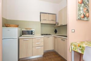 a kitchen with a white refrigerator and a microwave at Veggia Butega in Diano San Pietro