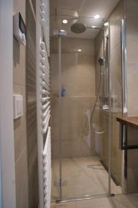 um chuveiro com uma porta de vidro na casa de banho em Modern apartment near Stadtpark em Viena