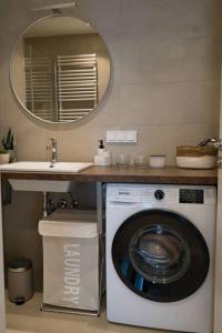 y baño con lavadora bajo un lavabo. en Modern apartment near Stadtpark en Viena