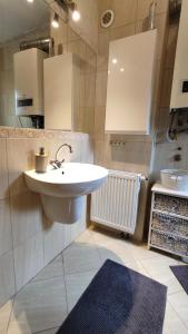 a bathroom with a white sink and a blue rug at Domek Aga in Węgorzewo