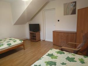 a bedroom with a bed and a dresser and a television at Pokoje Gościnne U Kowala in Polańczyk