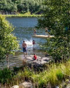 a group of people swimming in a lake at Sirdal fjellpark in Tjørhom