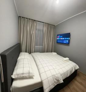1 dormitorio con 1 cama y TV en la pared en Zeny Luxury Home, en Constanţa
