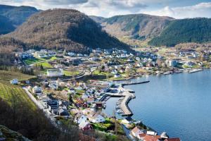 an aerial view of a town next to a body of water at Puntsnes Apartmen in Hjelmeland