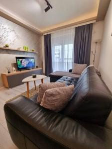 ein Wohnzimmer mit einem Ledersofa und einem TV in der Unterkunft Apartman Rojal Vranje in Vranje