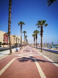 una strada in mattoni rossi con palme su una spiaggia di ApartPlaya (1ª Línea) a Melilla