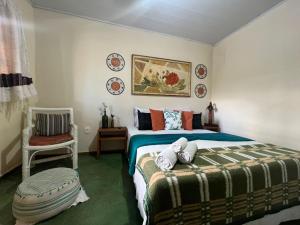 1 dormitorio con 1 cama y 1 silla en Pousada Recanto dos Leões, en Pirenópolis