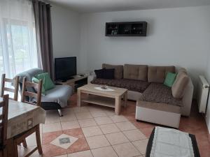 M & J في كراسنو بوليي: غرفة معيشة مع أريكة وتلفزيون