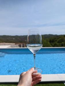 a person holding a wine glass in front of a pool at B&B with pool La Montaldina Piemonte in Spigno Monferrato