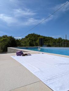 a table with a glass of wine next to a pool at B&B with pool La Montaldina Piemonte in Spigno Monferrato