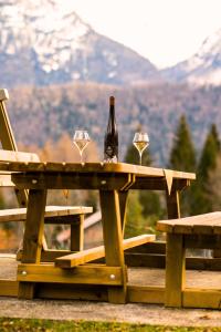 Una botella de vino sentada en una mesa de picnic con copas de vino en Chalet Relax Tra Le Vigne, en Forni di Sotto