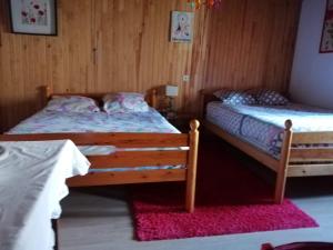 - une chambre avec 2 lits et un tapis rose dans l'établissement Maison de montagne, à Borce