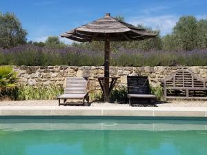 two chairs and an umbrella next to a swimming pool at Domaine du Coffre in Pertuis