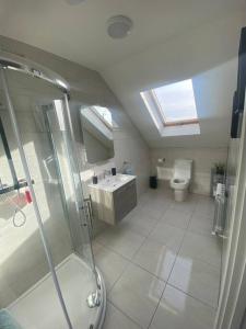 a bathroom with a shower and a sink and a toilet at Castle View Rooms in Liscannor