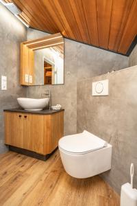 a bathroom with a white toilet and a sink at Hotel Sonnenspitz *** in Kochel