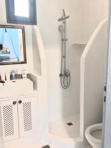 a white bathroom with a shower and a toilet at La Bastide in Skiros