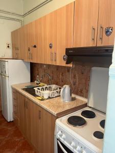 a kitchen with a stove and a white stove top oven at Two bedroom apartment in Historical area in Thessaloniki