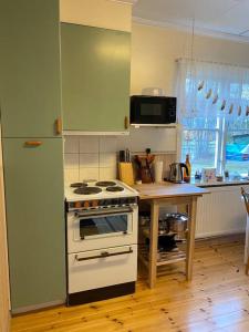 uma cozinha com um fogão branco e um balcão em Cabin 70m from lake. Big garden em Östersund